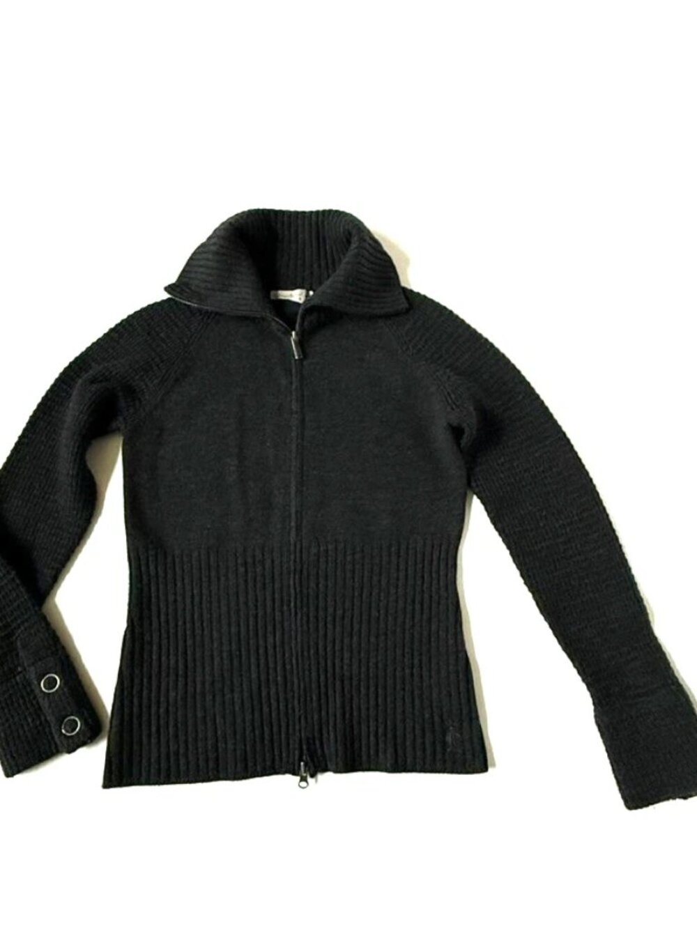 Smartwool Women S Merino Wool Zip Sweater Gray Black Fold Collar Button Cuff